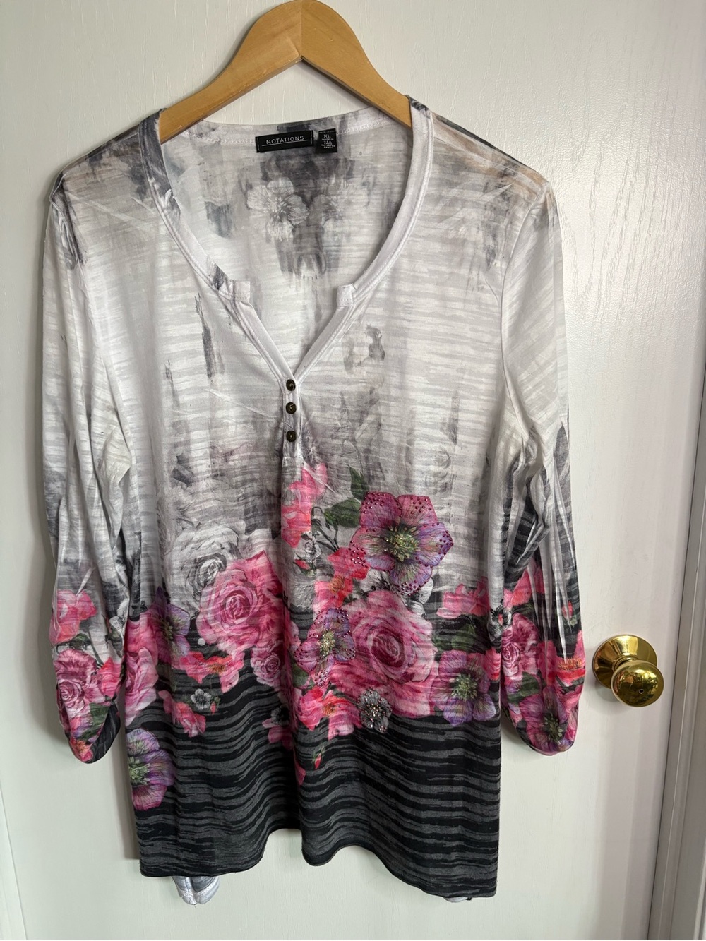 Notations Floral Henley Tab Sleeve Asymmetric Hem XL Boho Y2K Festival